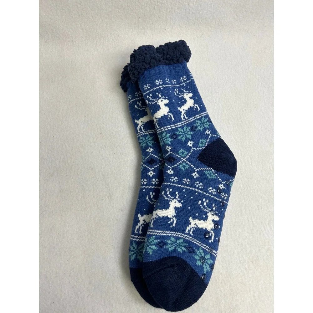Cozy Holiday Winter Ella & Joy Womens 9-11 Blue Reindeer Sherpa Bootie Socks